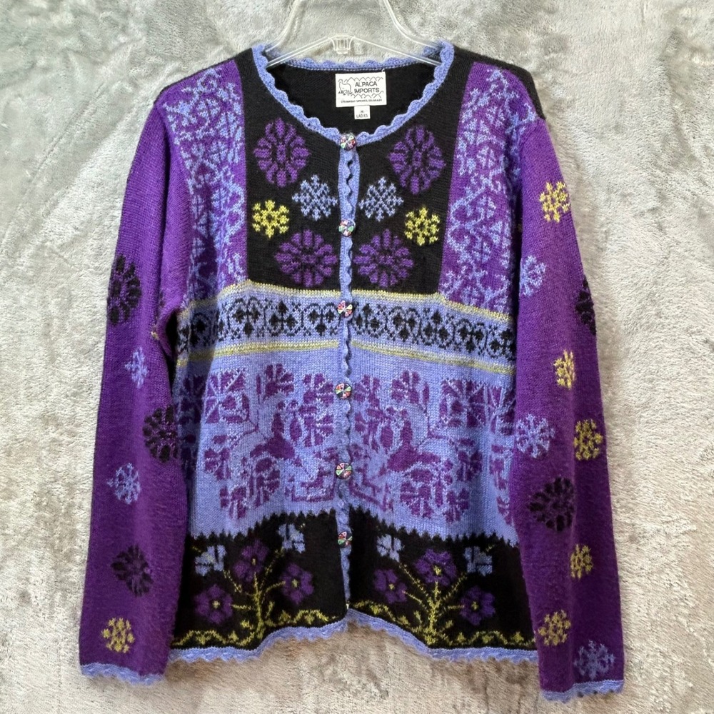 Alpaca Imports Womens Purple Floral Alpaca Wool Blend Knit Cardigan Sweater M